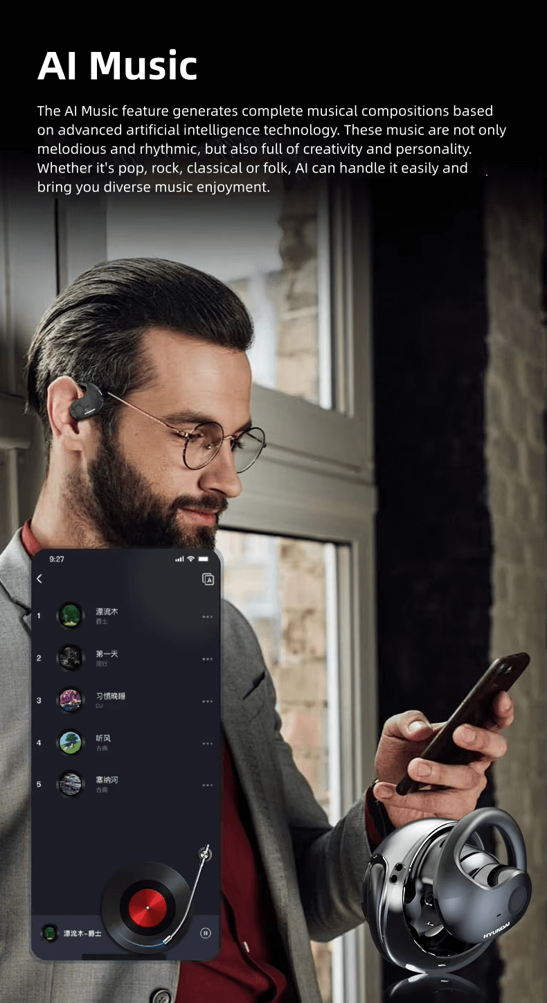 the AI music feature of HY-T26 AI HEADPHONES can generates musical compositions
