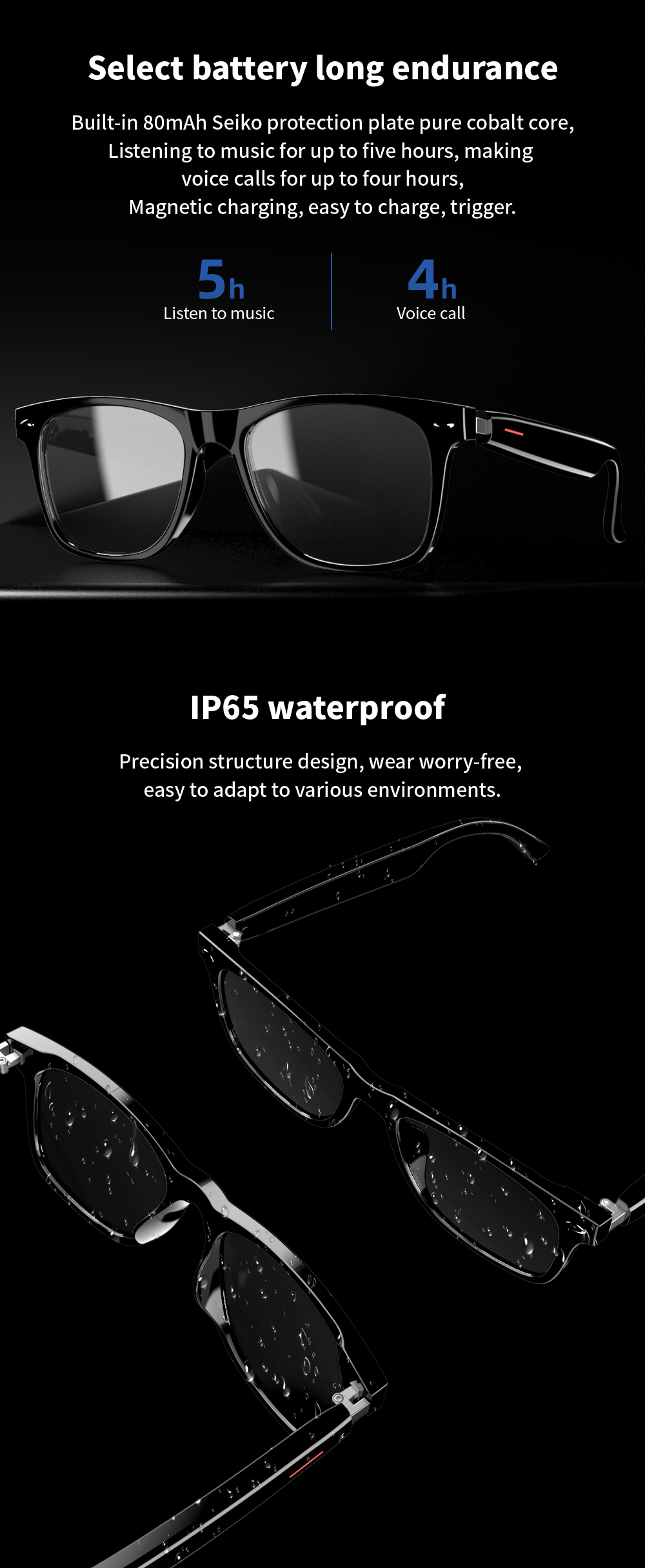 E13 audio glasses - E13 equipped with long endurance battery and IP65 waterproof - YWT