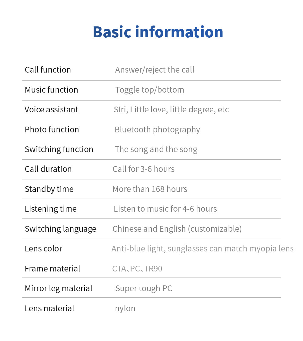 E13 audio glasses - product specification  - YWT